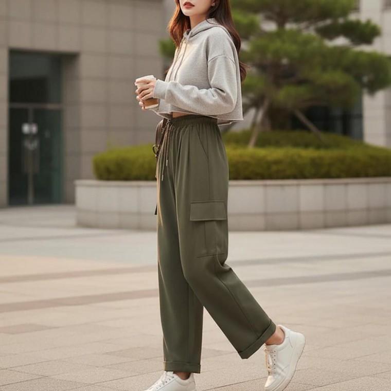 소재 옆 주머니 카고 벌룬 와이드 바지 여성 편안한고 시원한 여자 반바지 치마바지 밴딩