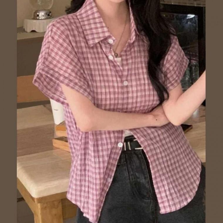 여성 핏감좋은 라이트한 체크 반팔 카라 셔츠 1P 시원한 여유핏 체형커버