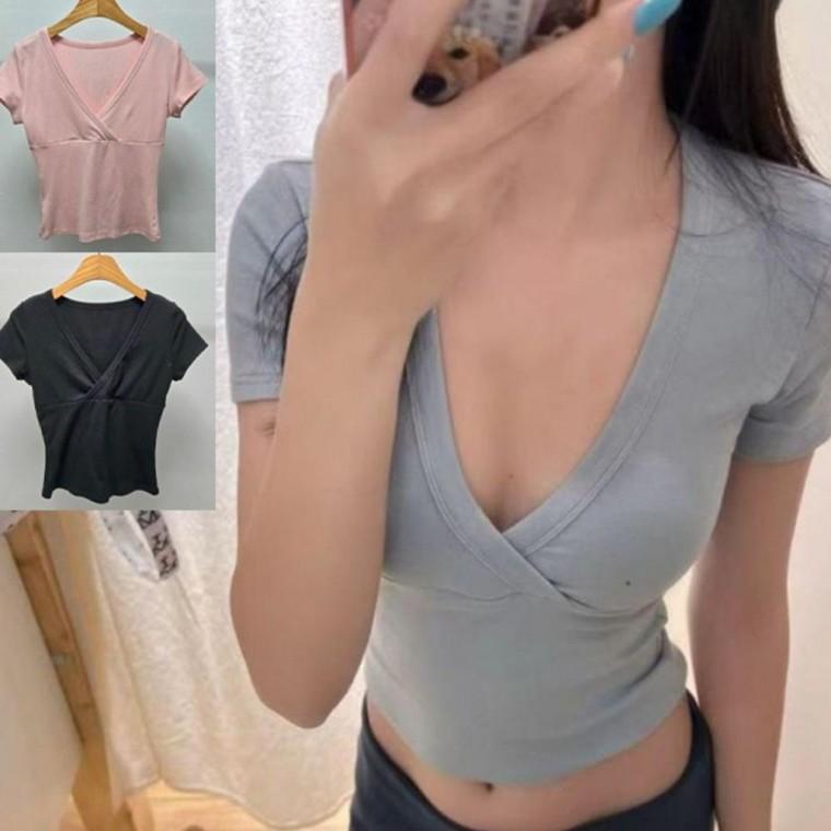 여성 시원한 브이넥 소프트한 랩 크롭 반팔티 1P 여름 데일리 티셔츠 슬림핏