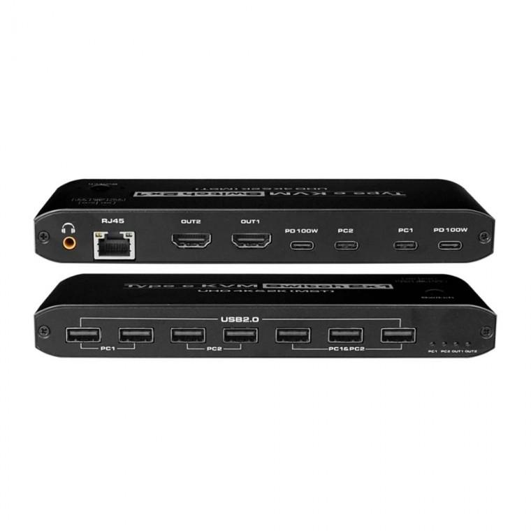 4K USB C타입 HDMI 2.0 KVM 2포트 PC 듀얼 디스플레이 스위치 프린터 스캐너 키보드 마우스