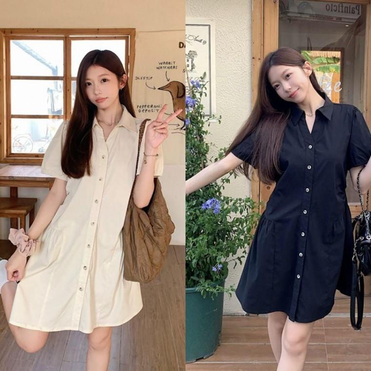 루즈핏 카라 셔츠 셔링 원피스L 캐주얼 휴가룩 반팔 시원한 플레어 미니 A라인 데일리
