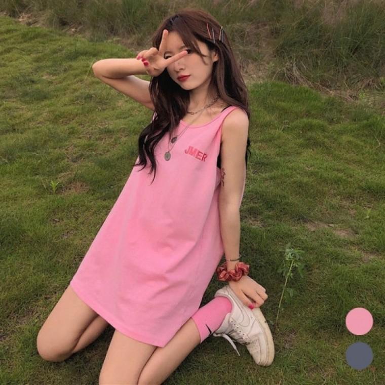 기장 긴 오버핏 스타일 롱 자수 민소매 여자 나시