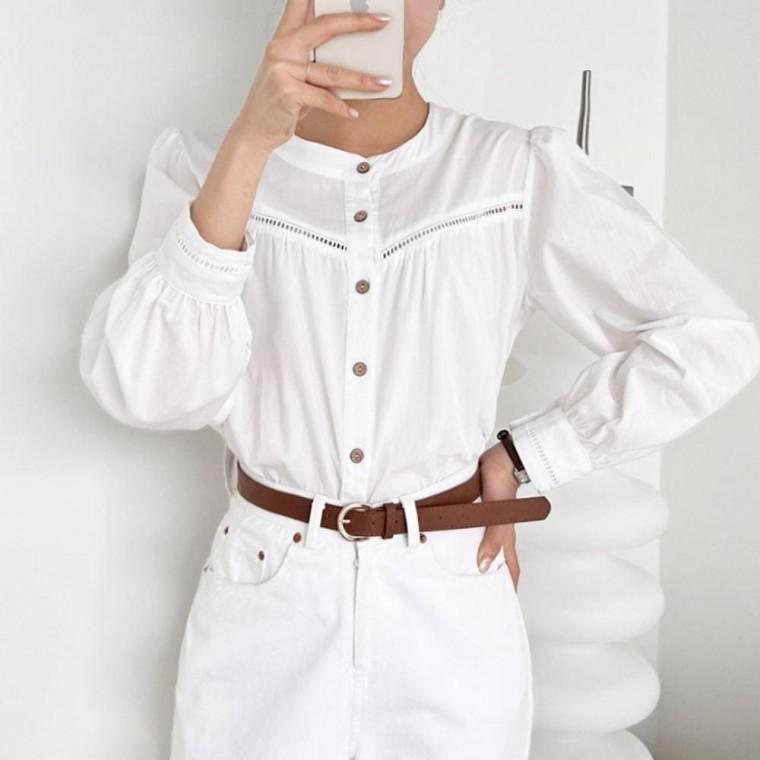 코디 여성블라우스 데일리 러블리 펀칭 블라우스 퍼프 시원한 소매 여름 여성 면소재 원픽
