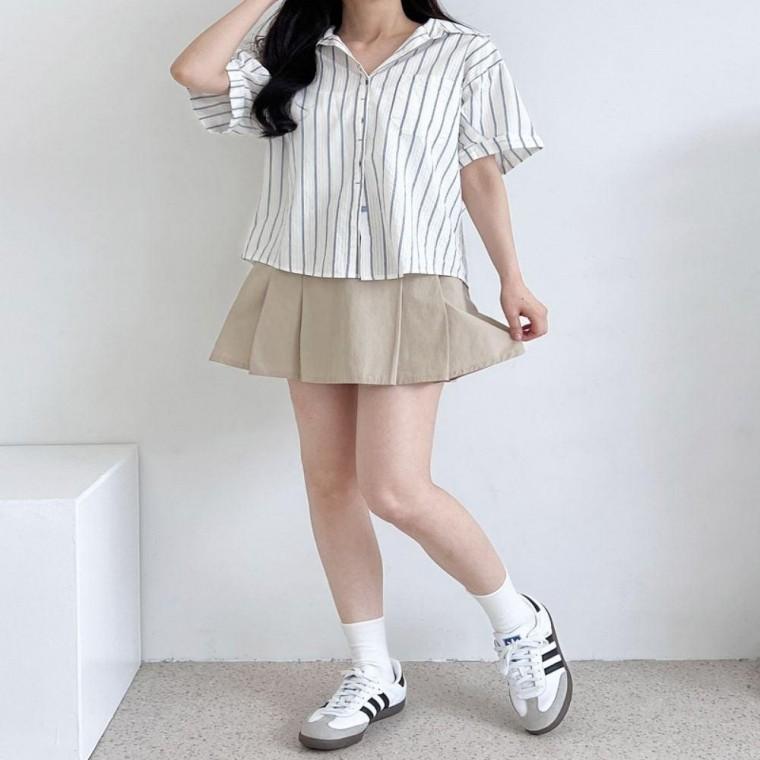 스트라이프 블라우스 상의 여성 데일리룩 블루 시원한 남방 반팔 여름 원픽
