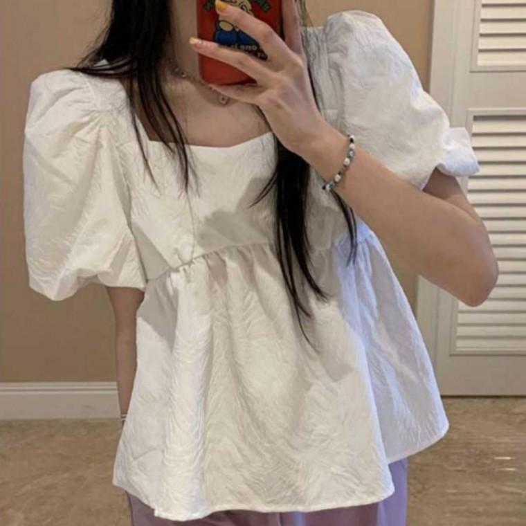 여름 여성 소재 스퀘어넥 데이트룩 여성블라우스 퍼프 모임 블라우스 여름블라우스 반팔 시원한 원픽