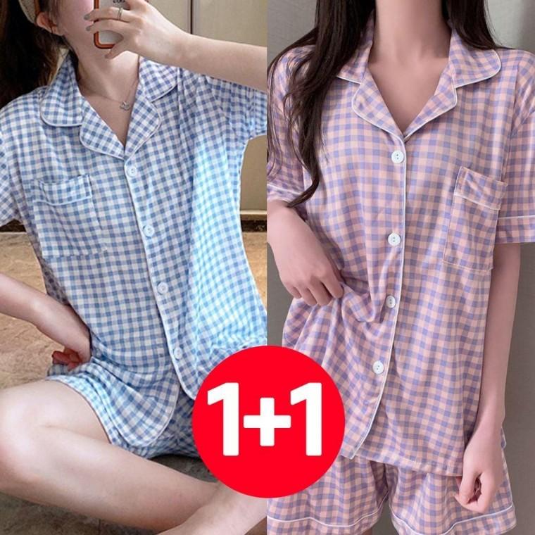 시원한 블라썸 여름 세트 2개 바지 라벤더 잠옷 세트 여성 반팔 스카이 홈웨어 원픽 셀파