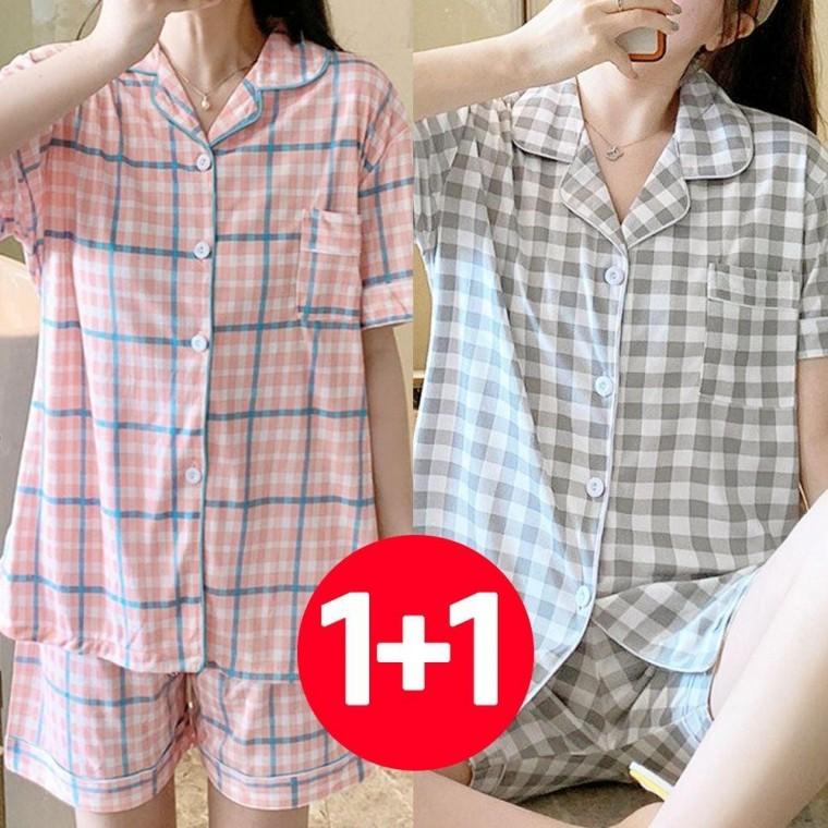 시원한 그레이 에이프리콧 반팔 세트 홈웨어 세트 여성 2개 바지 잠옷 여름 원픽 셀파