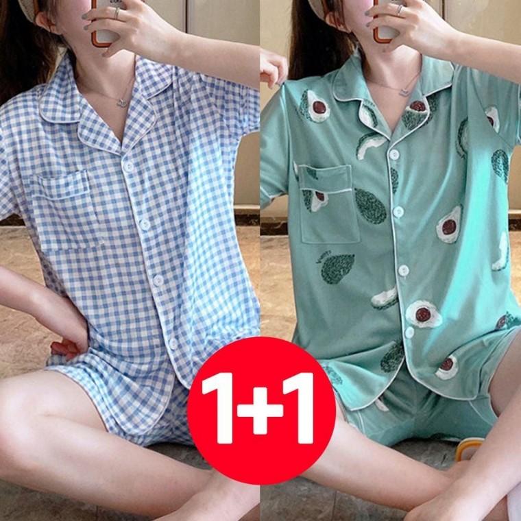 여성 시원한 아보카도 체크 바지 홈웨어 여름 반팔 잠옷 스카이 2개 세트 세트 원픽 셀파
