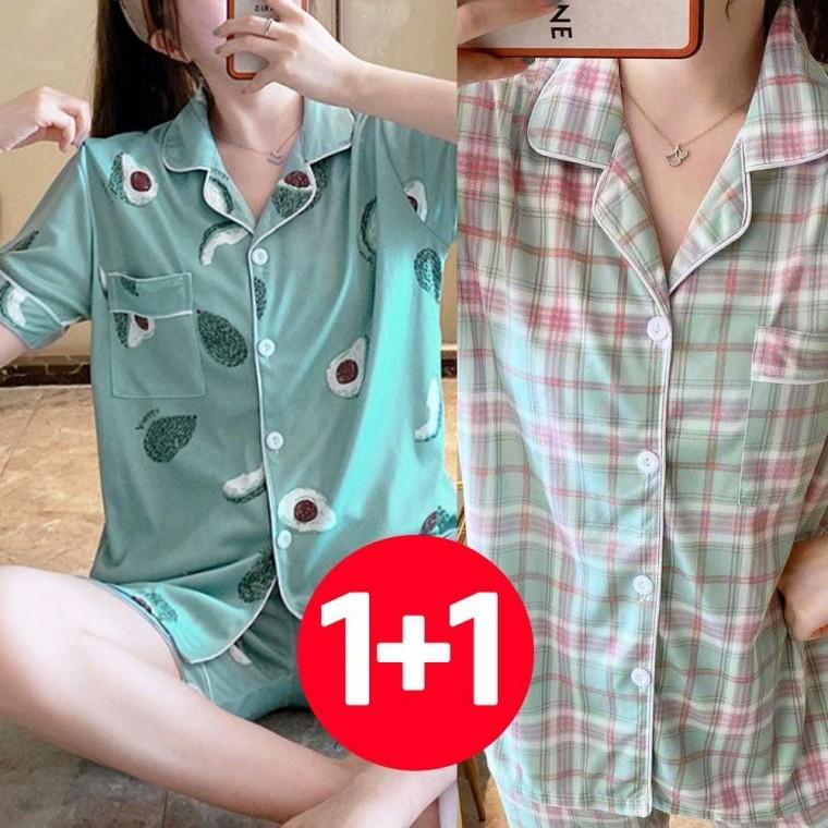 홈웨어 민트 여성 시원한 잠옷 바지 체크 세트 아보카도 반팔 2개 세트 여름 원픽 셀파