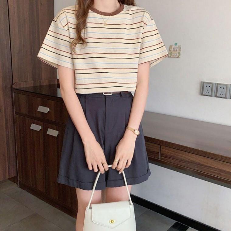 스트라이프 반팔 시원한 잔가라 면 여성 라운드넥 여름 티셔츠 반팔티 원픽 셀파