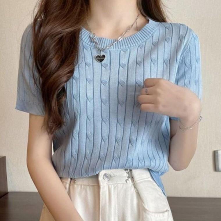 티셔츠 가벼운 티 1P 여름 시원한 니트티 짜임 여성 꽈배기 니트 반팔 원픽 셀파