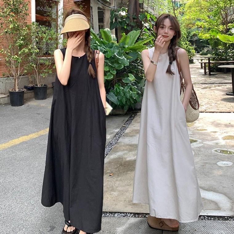 A라인 라운드넥 롱 민소매 시원한 원피스 여자 루즈핏