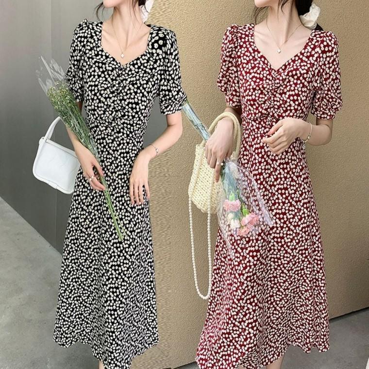여자 반팔 여름 앵두 어깨 패턴 시원한 퍼프 롱원피스