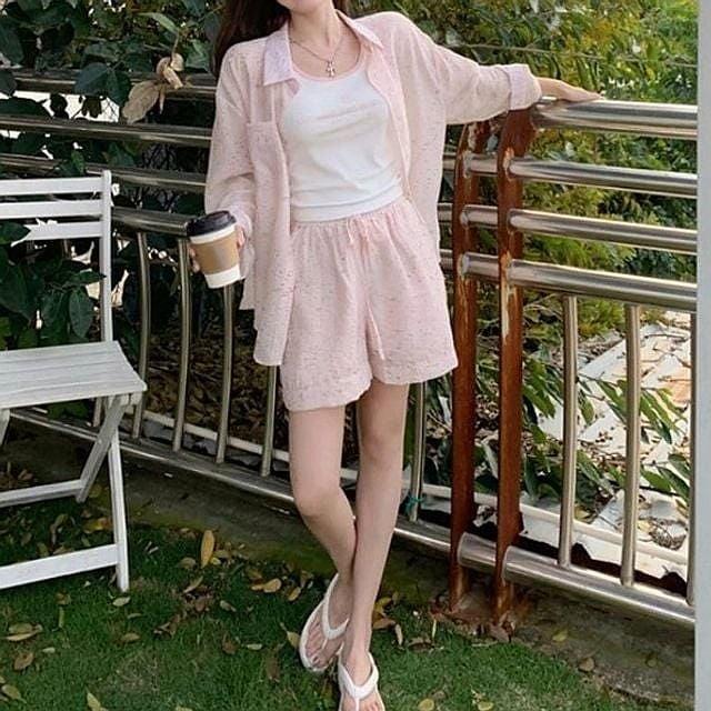 시원한 얇은 세트 여름 셔츠 시스루 셋업 여성 반바지
