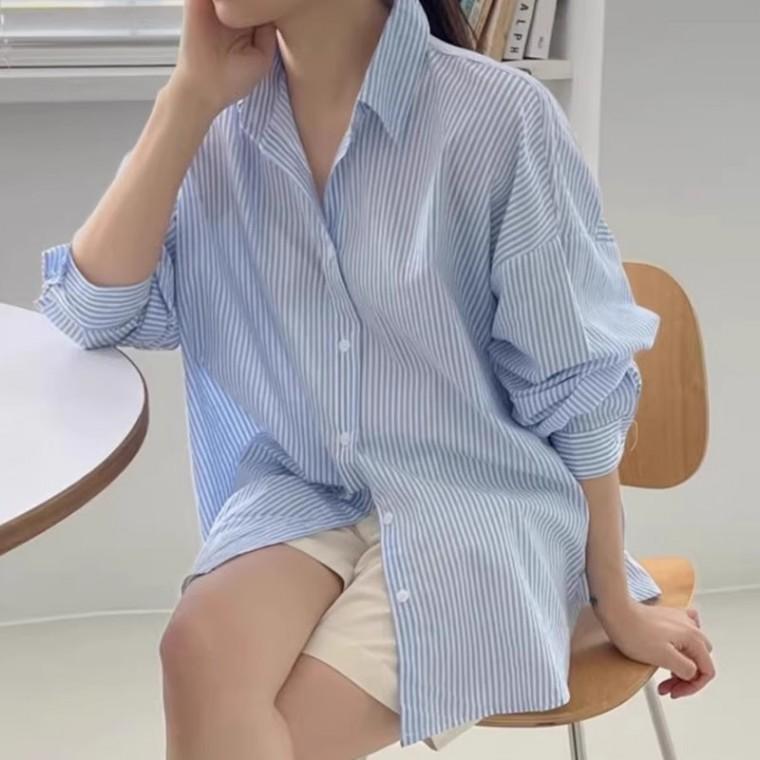 [국내익일출고]가을 프렌치 루즈핏 캐주얼 스트라이프 셔츠 3color