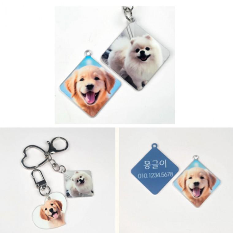 강아지 고양이 네모난 목걸이형 메탈 사진 이름표 인식표 네임텍 마름모 중 4x4cm (소량 주문 제작 가능)
