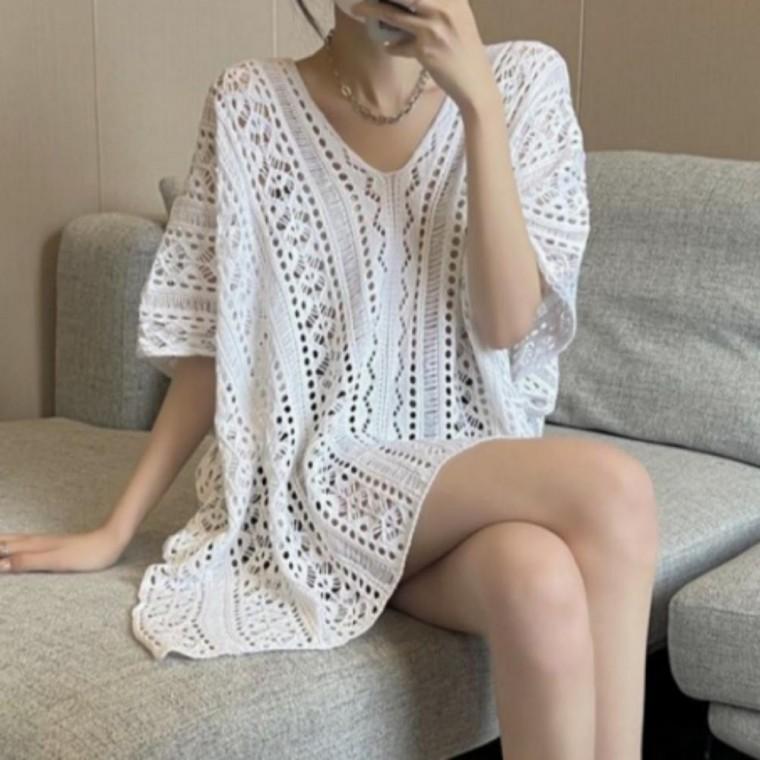 브이넥 펀칭 니트 비치 커버업 시스루 긴팔 티셔츠