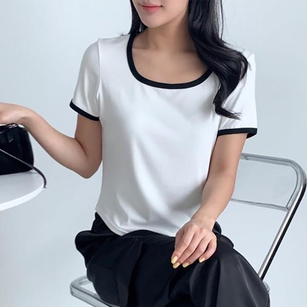 여성 배색 스퀘어넥 반팔티셔츠 데일리 슬림핏 여름