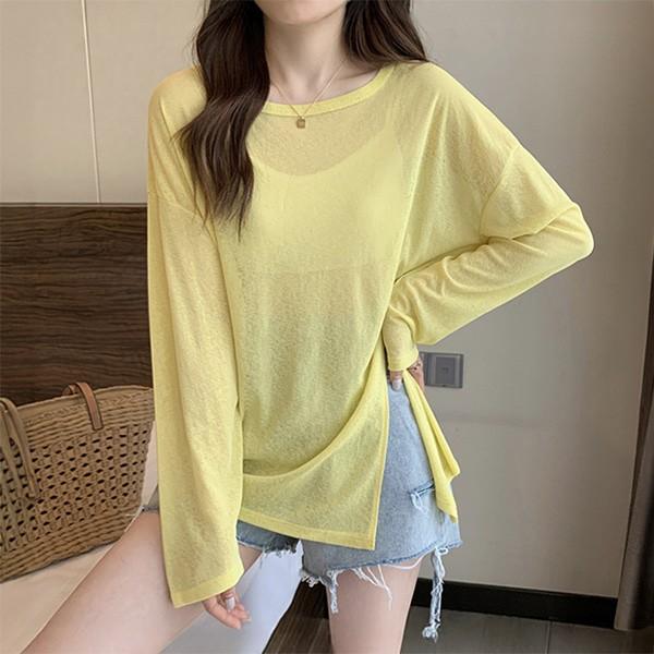 루즈핏 썸머 시스루 라운드넥 여름 긴팔 티셔츠