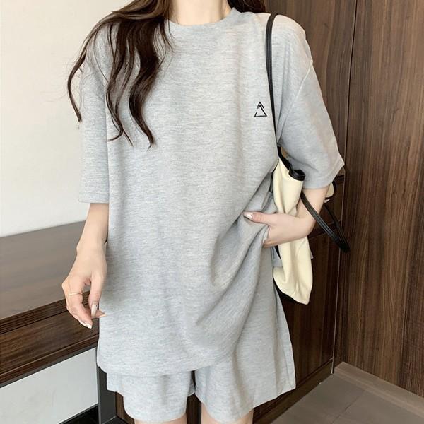 루즈핏 라운드 반팔 반바지 그레이 홈웨어 세트