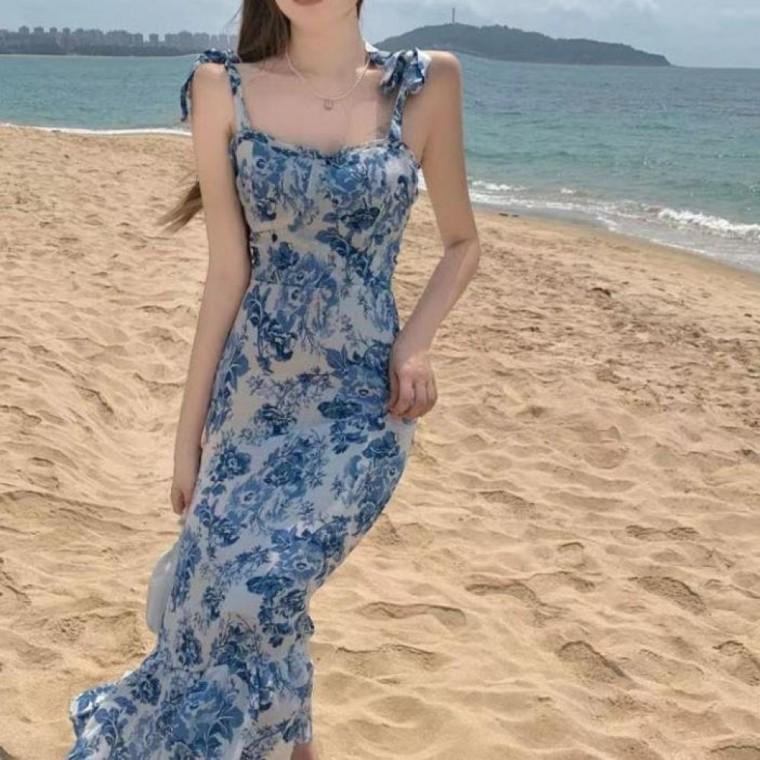 해외여행 비치룩 꽃무늬 샤랄라 끈나시 롱 원피스