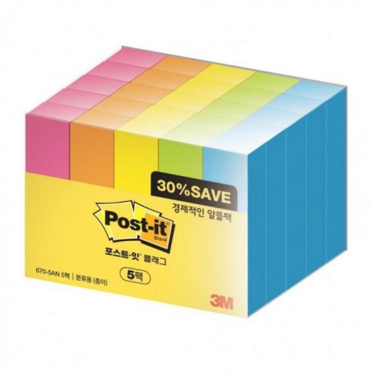 3M 플래그 분류용 종이 알뜰팩 670-5AN 5개 50x15mm 메모지 사무용품