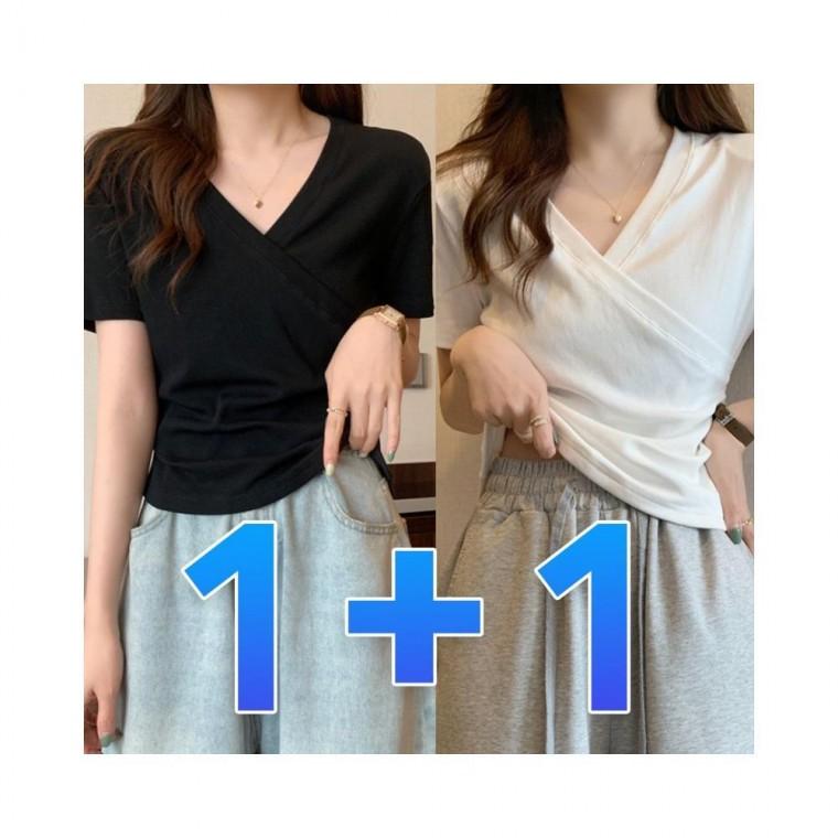 루미나D 여성 1+1 브이넥 반팔티 셔링 스판 랩 무지 티셔츠