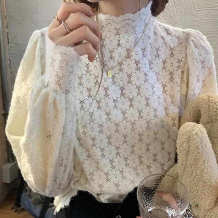 2컬러 하이넥 시스루 레이스 블라우스
