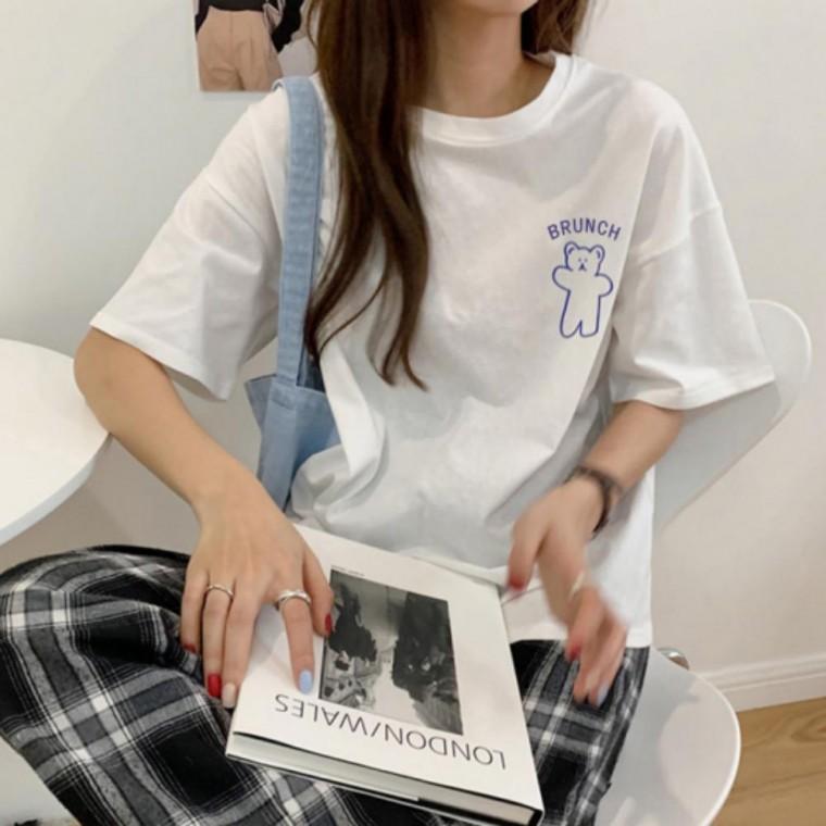 루즈핏 베어 프린팅 데일리 반팔티 러블리 여성 티셔츠