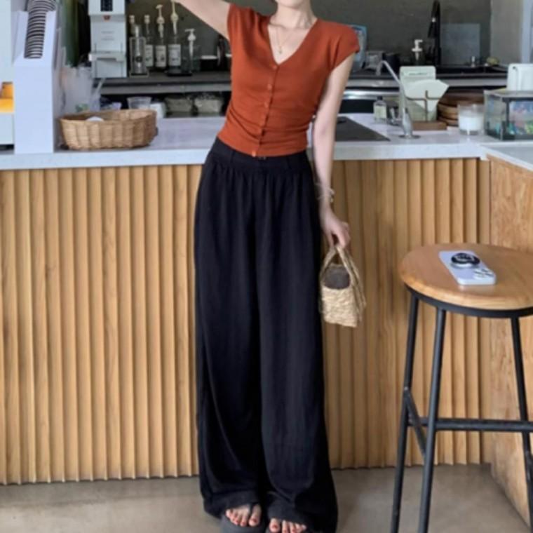 와이드 슬랙스 밴딩 여성 팬츠 데일리 여름바지 가벼운바지