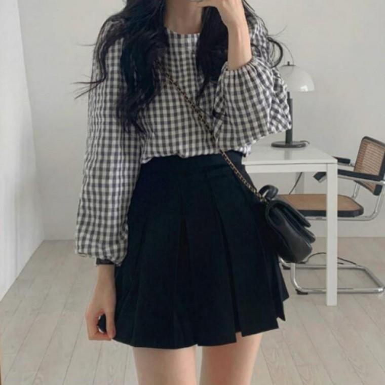 러블리 귀여운 여성용 블라우스 체크블라우스 벌룬소매 2컬러