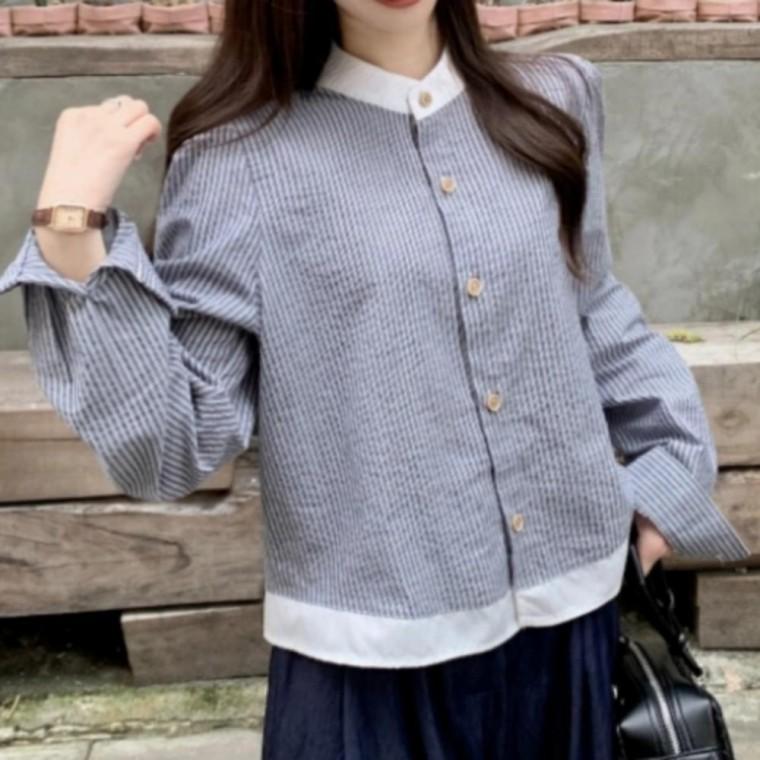 여성 차이나카라 배색 스트라이프 셔츠 클래식 남방