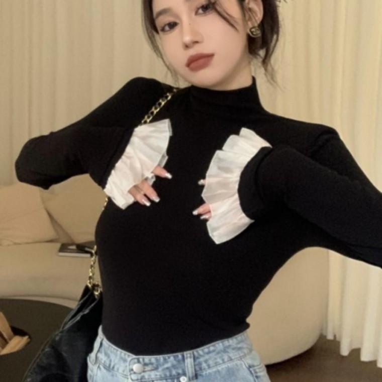 여성 반폴라 슬림핏 긴팔 티셔츠 소매 레이스 긴팔티