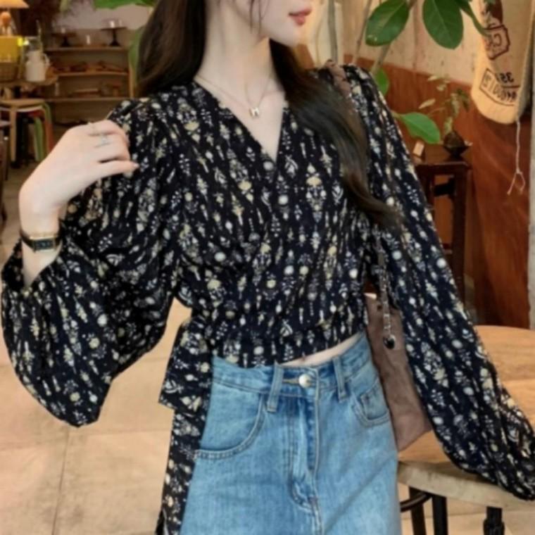 여성 랩스타일 볼륨 블라우스 심플 허리 스트랩 프린트