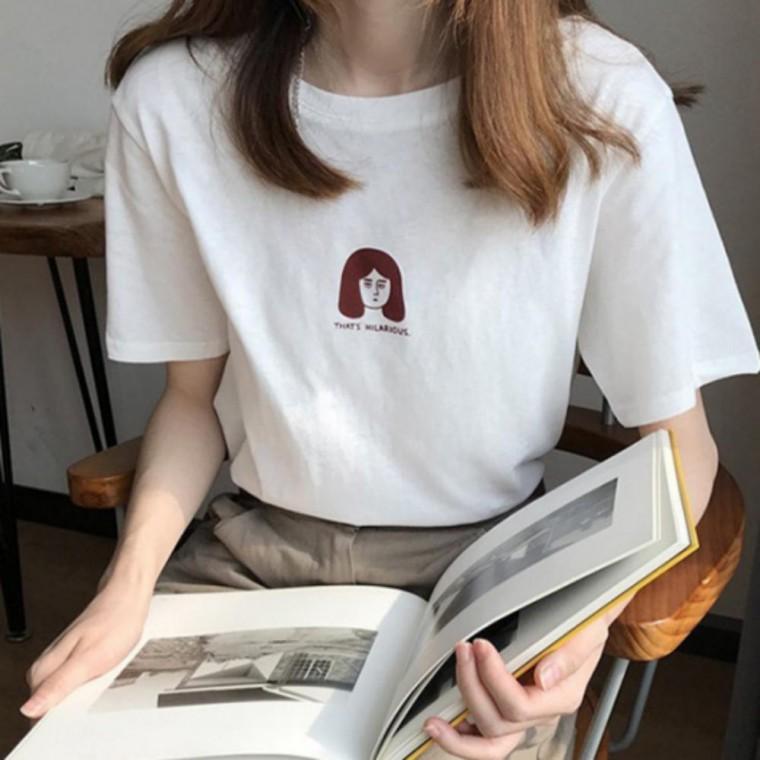 여성 반팔 티셔츠 단발머리 반팔티 기본 프린트 라운드티