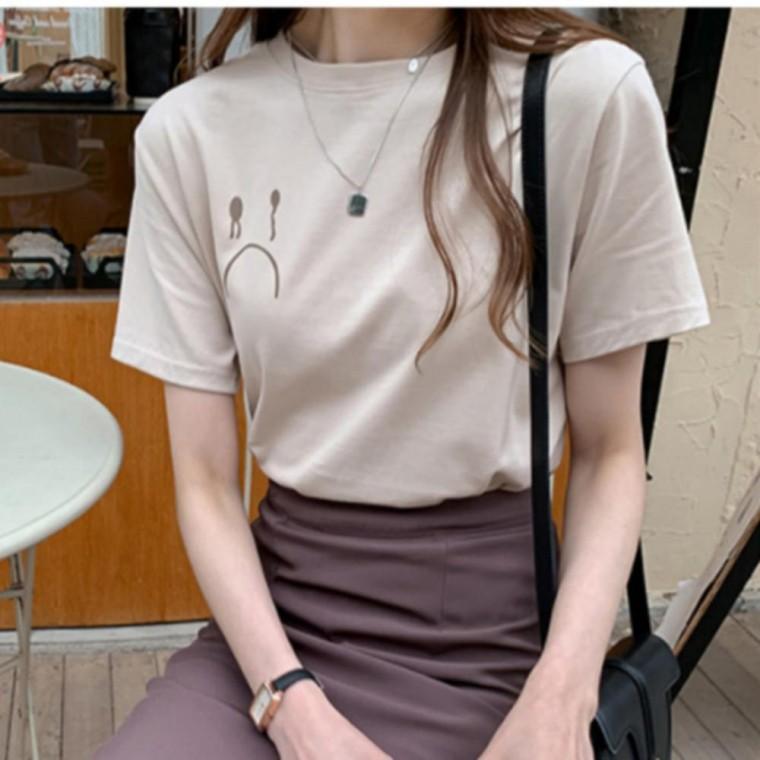 여성 반팔 티셔츠 풍선 반팔티 기본 프린트 라운드티