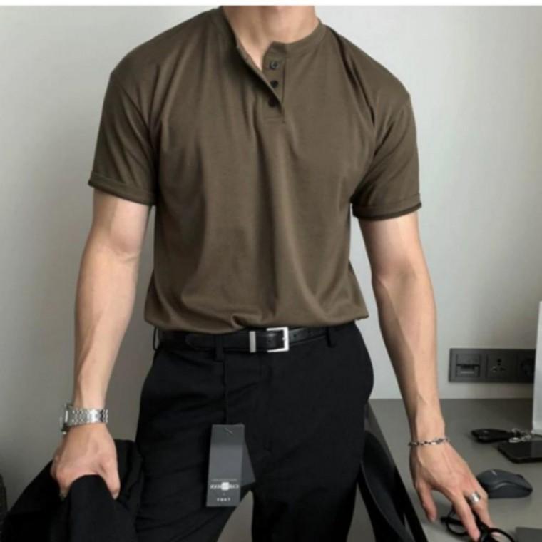 남성 헨리넥 반팔 티셔츠 여름 데일리 노카라 버튼