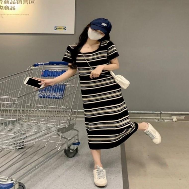 스퀘어넥 여름 롱원피스 스트라이프 여성 니트 반팔