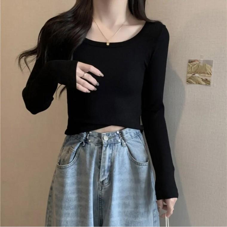 세미크롭 슬림핏 긴팔 날씬해보이는 여성 U넥 티셔츠