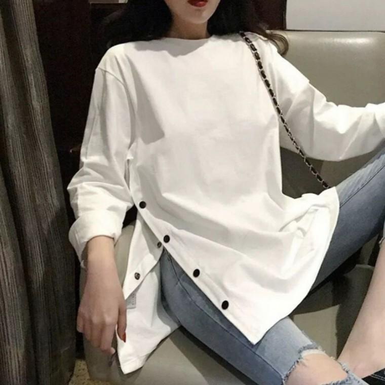 루즈핏 긴팔 단추 옆트임 티셔츠 롱티 롱 여성