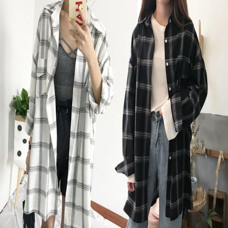 기장감 셔츠 루즈핏 여성 남방 체크셔츠 롱