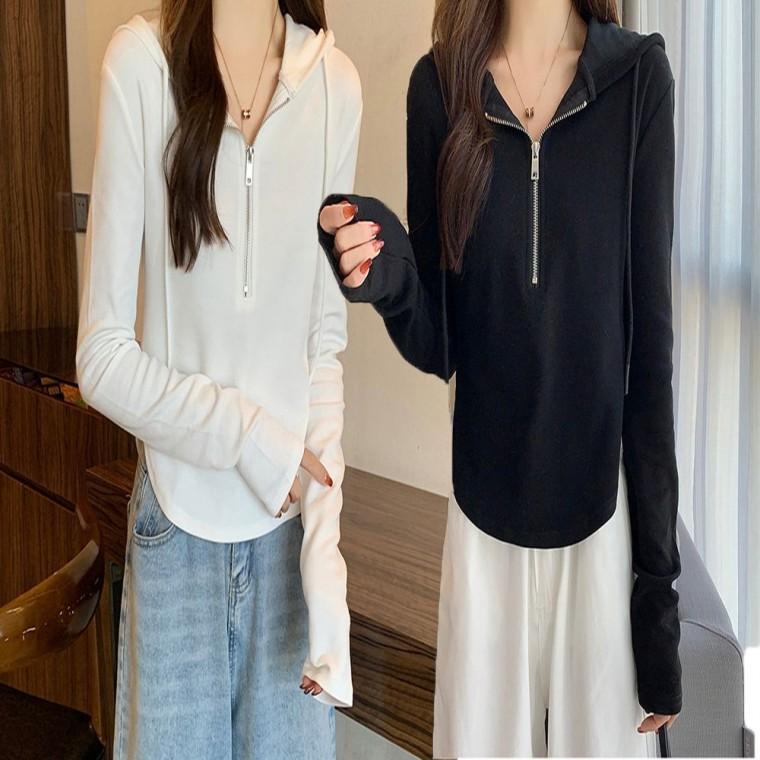 날씬해보이는 여성 반집업 후드 티셔츠 슬림핏