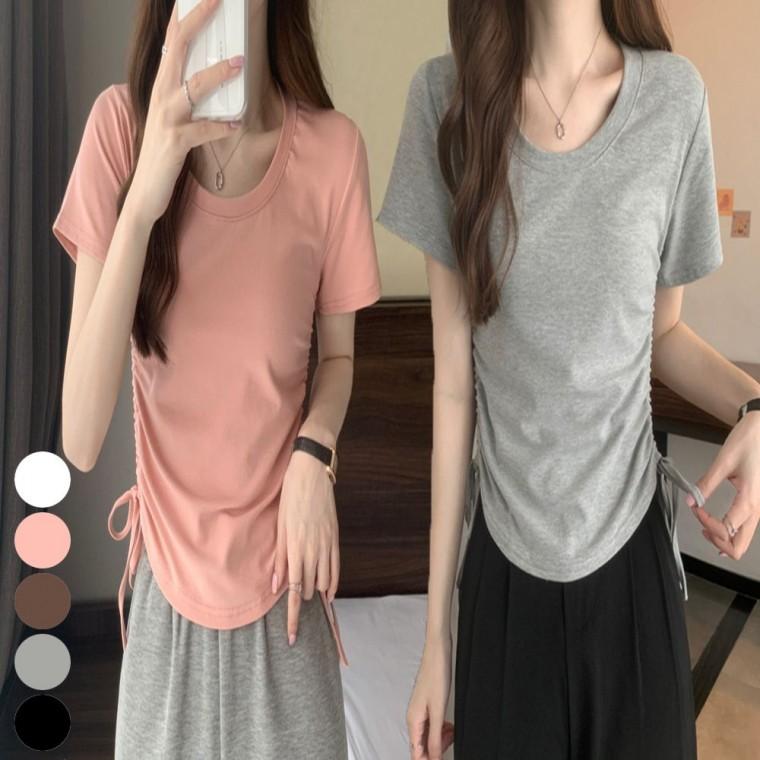 슬림핏 반팔 티셔츠 옆 라운드넥 U넥 셔링 여성
