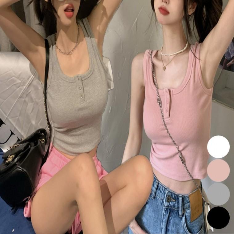 민소매 나시티 단추 골지 U넥 크롭 여성 슬림핏