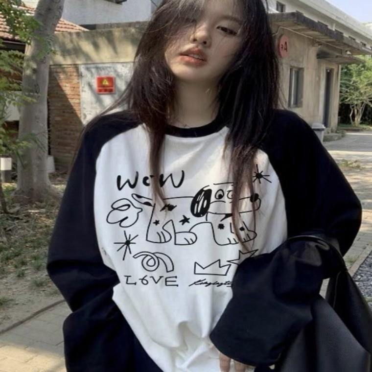 티셔츠 여자 소매 배색 귀여운 나그랑 프린팅 긴팔