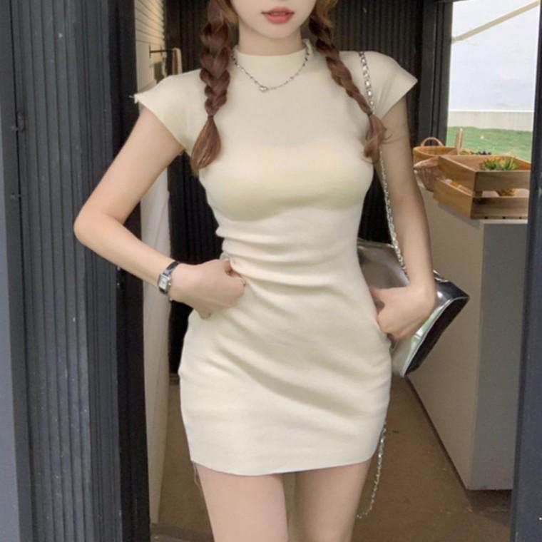 반목 미니원피스 여성 2컬러 신축성 캡소매 슬림핏