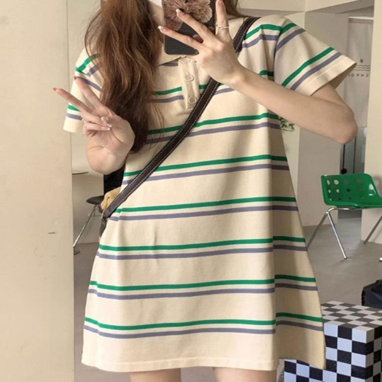여름 여성 배색 원피스 반팔카라 꾸안꾸 스트라이프