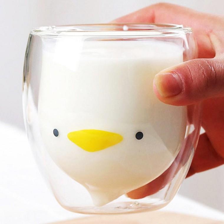 이중 유리컵 250ml 깜찍오리 선물 주스잔 애프터눈티