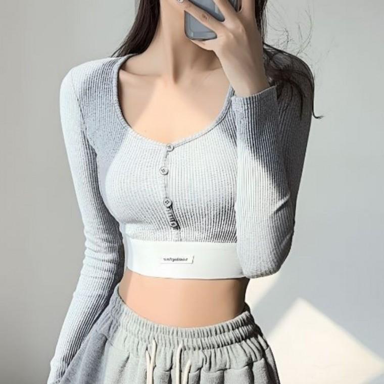 크롭탑 티셔츠 캐주얼 긴소매 골지 스퀘어넥
