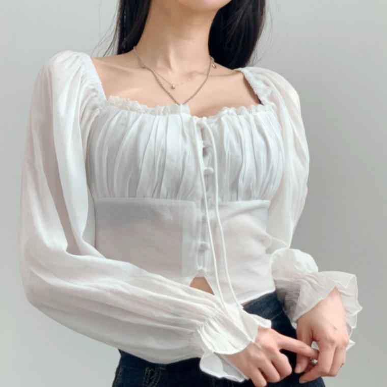 블라우스 블라우스 스모크 탑 오프숄더 레이스 셔링